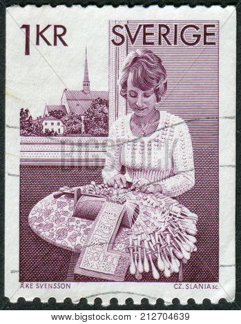 SWEDEN - CIRCA 1976: Postage stamp printed in Sweden shows Lacemaker church and Vadstena Castle circa 1976