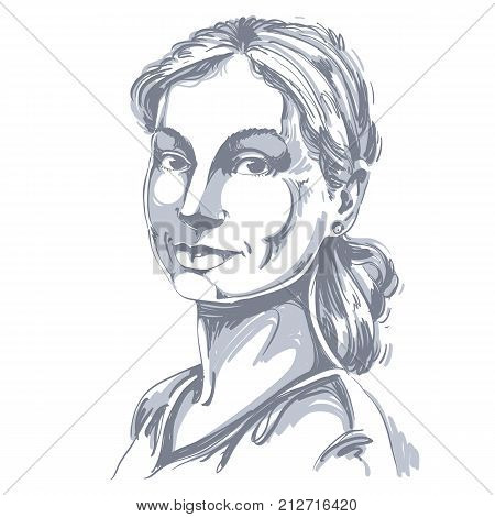 Portrait of delicate good-looking still woman black and white vector drawing of peaceful and tender girl. Emotional expressions idea image pretty model posing.