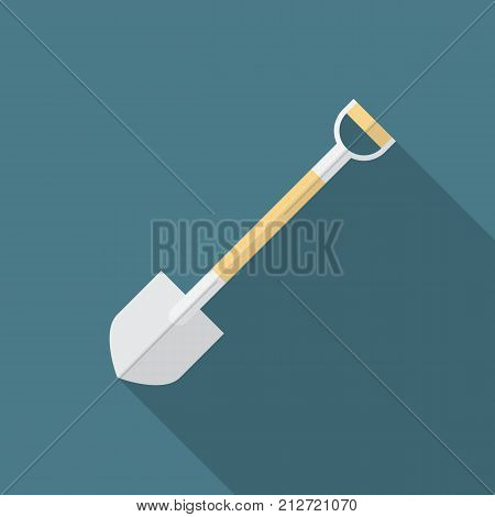 Shovel icon with long shadow. Flat design style. Shovel simple silhouette. Modern minimalist icon in stylish colors. Web site page and mobile app design vector element.