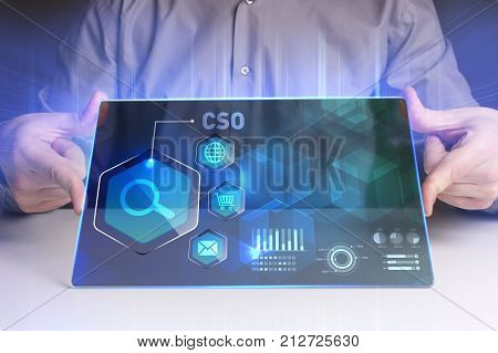 Business, Technology, Internet And Network Concept. Young Businessman Working On A Virtual Screen Of