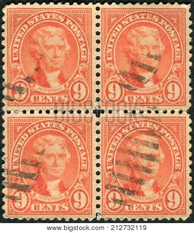 USA - CIRCA 1927: Postage stamps printed in USA (block of 4 stamps) shows portrait 3th President of the United States Thomas Jefferson circa 1927