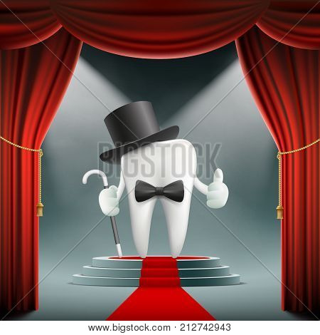 Human white tooth on the podium with searchlights. Curtain and red carpet. Stock vector illustration.