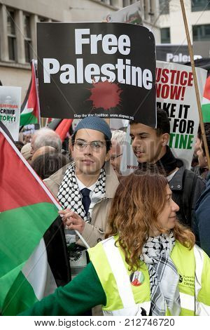 4th November 2017 London United Kingdom:-Pro Palestine demonstrators march through London against the Balfour declaration of 1917 and the on going Israeli occupation