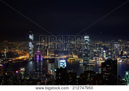A Scenic Night View Of The Skyscarpers Of Hong Kong, From Victoria's Peak