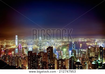 A Scenic Night View Of The Skyscarpers Of Hong Kong, From Victoria's Peak