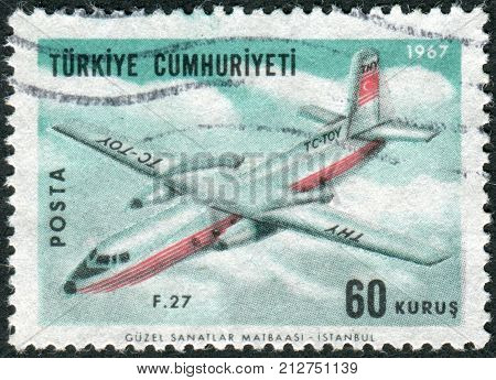 TURKEY - CIRCA 1967: Postage stamp printed in Turkey depicted Fokker F27 Friendship circa 1967