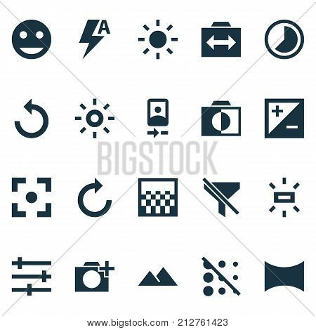 Picture Icons Set. Collection Of Shine, Rotate Left, Smile And Other Elements