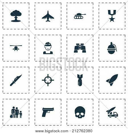 Battle Icons Set. Collection Of Aircraft, Ordnance, Military And Other Elements