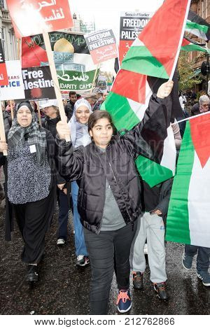 4th November 2017 London United Kingdom:-Pro Palestine demonstrators march through London against the Balfour declaration of 1917 and the on going Israeli occupation