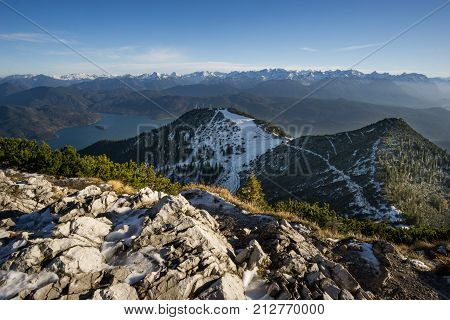Panoramic view from Herzogstand to Kochelsee and Walchensee