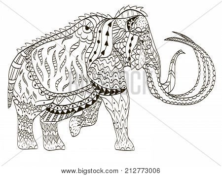 Mammoth coloring book raster illustration. Anti-stress coloring book for adult. Tattoo stencil. Black and white lines. Lace pattern