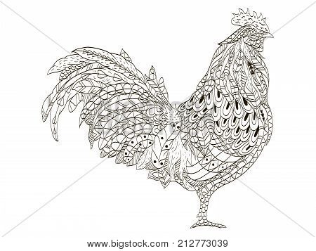 Cock coloring book for adults raster illustration. Anti-stress coloring for adult rooster. Zentangle style bird chicken. Black and white lines. Lace pattern