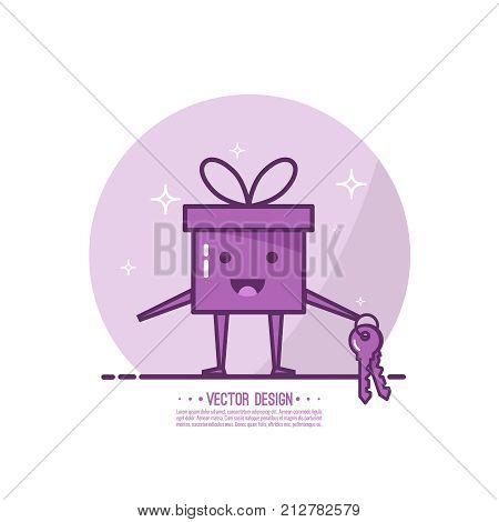 Bright color gift box. Trendy vector icon giftbox with ribbons and sparkly. Emotional gift box with key, smiling and happy. Emoji.