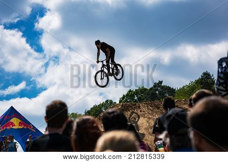 Kalnica, Slovakia - May 27 2017: People Stay, Watch And Support Rider Who Jump In Slopestyle Competi