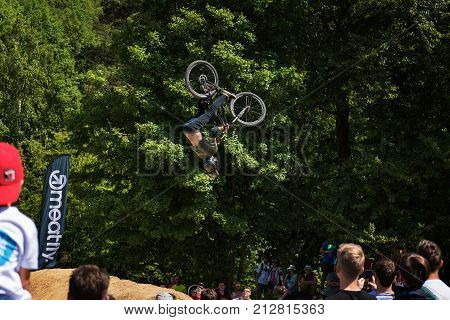 Kalnica, Slovakia - May 27 2017: Unknown Extreme Rider Performs Courageous Trick In Slopestyle Compe