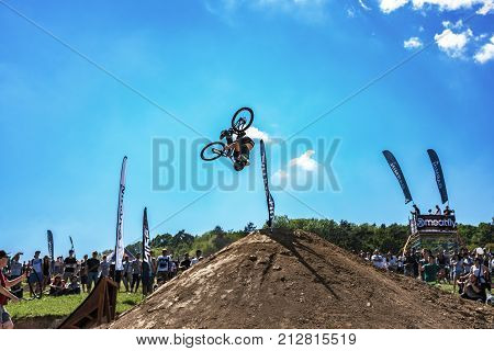 Kalnica, Slovakia - May 27 2017: Unknown Extreme Rider Performs Courageous Trick In Slopestyle Compe
