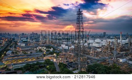 Aerial view of Oil and gas industry - refinery Shot from drone of Oil refinery and Petrochemical plant Bangkok Thailand