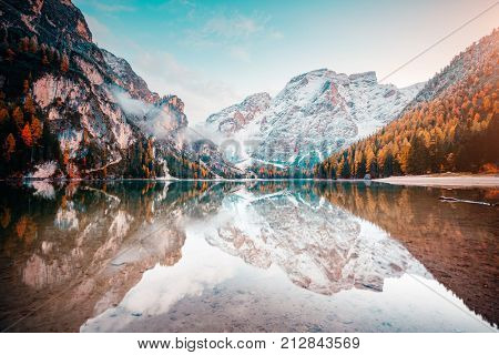 Scenic image of alpine lake Braies (Pragser Wildsee). Location Dolomiti, national park Fanes-Sennes-Braies, Italian Alps Europe. Fabulous wallpapers. Explore the beauty of earth. Tourism concept. 
