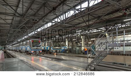 Moscow, Russia - October 27, 2017: Subway train metro depot Krasnaya presnya