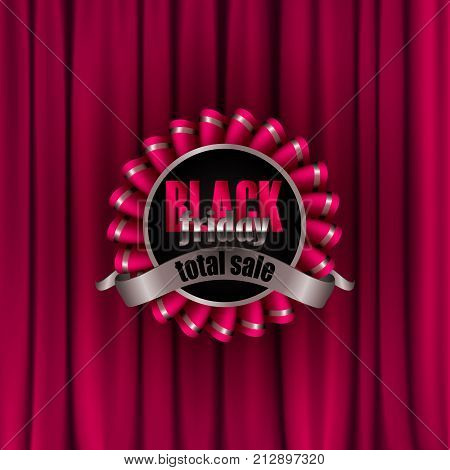 Black friday label with ribbon on red drapery background for design, marketing, promotion, poster, flyer, web, card, invitation. Holiday sticker, badge with discount, total sale. Illustration EPS 10