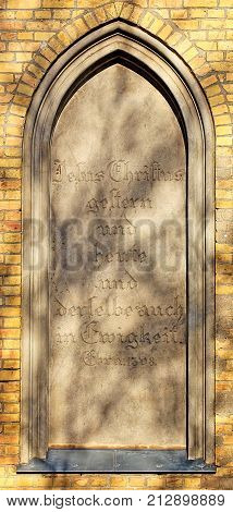 Blind Window Of The Burial Chapel In Guetzkow, Mecklenburg-vorpommern, Germany With Bible Passage -