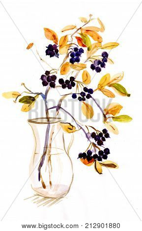 Autumn branch of mountain ash in jug