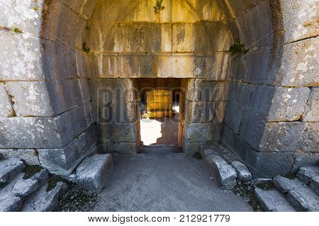Remnants of castle on the Golan Heights near the Israeli border with Syria. The Nimrod Fortress National Park of Israel on the slopes of mount Hermon.