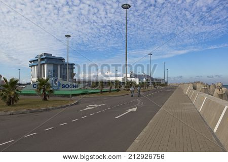Sochi, Krasnodar region, Russia - July 10, 2016: View of the administrative building of the seaport and the new marine station in Sochi