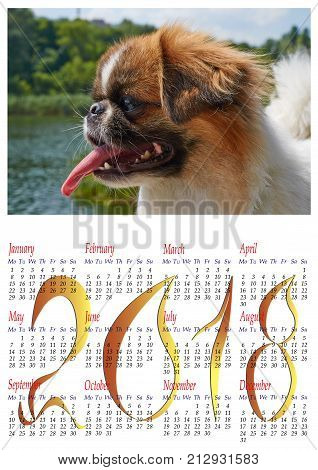 Calendar for 2018 with portrait of Pekingese dog clipart.