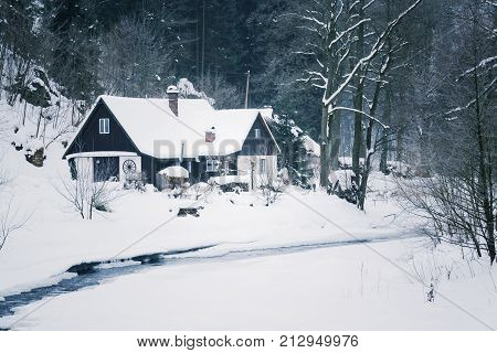 Challet In Snowy Mountains Country, Foggy Winter Day, Czech Republic