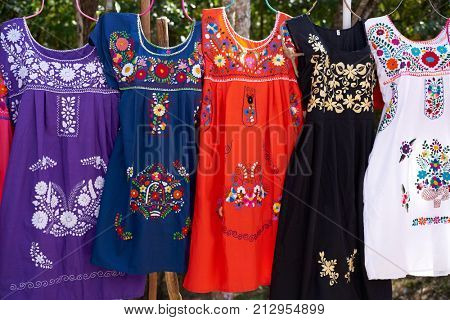 Chichen itza embroided dresses in outdoor shop Mexico Yucatan