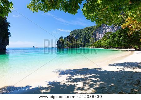 View of tranquil beach against sky on sunny day at Aonang Krabi Thailand
