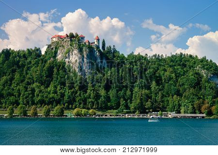 Colorful summer scene on the Bled lake with medieval castle Blejski grad. Slovenia, Europe.
