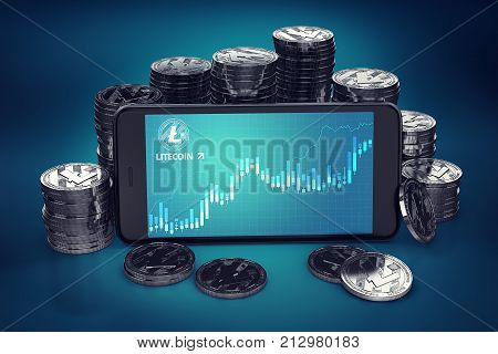 Smartphone with Litecoin growth chart on-screen among piles of Litecoins. Litecoin growth concept. 3D rendering