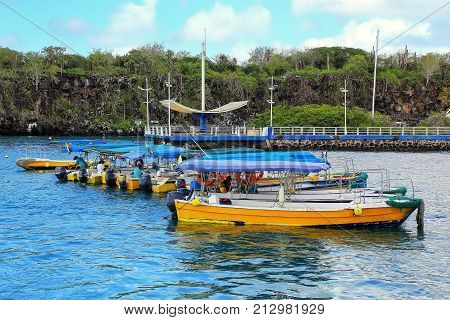 Water taxis anchored at Puerto Ayora on Santa Cruz Island Galapagos National Park Ecuador. Puerto Ayora is the most populous town in the Galapagos Islands.