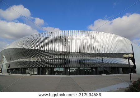 UNIONDALE, NEW YORK - NOVEMBER 9, 2017: The newly renovated Nassau Veterans Memorial Coliseum in Uniondale, NY. It is a multi-purpose indoor arena on Long Island