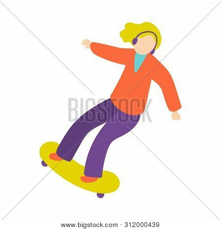 Cute Blonde Girl With Headphones Speed Ride On Skateboard