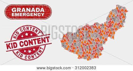 Vector Composition Of Firestorm Granada Province Map And Red Rounded Textured Kid Content Seal Stamp