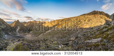 Mountains And Cottage Under Rysy Mountain As Seen From Sedlo Vaha, High Tatras, Slovakia At Sunrise