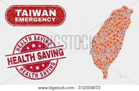 Vector Collage Of Firestorm Taiwan Map And Red Round Textured Health Saving Seal. Emergency Taiwan M