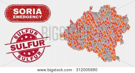 Vector Composition Of Hazard Soria Province Map And Red Rounded Grunge Sulfur Stamp. Emergency Soria