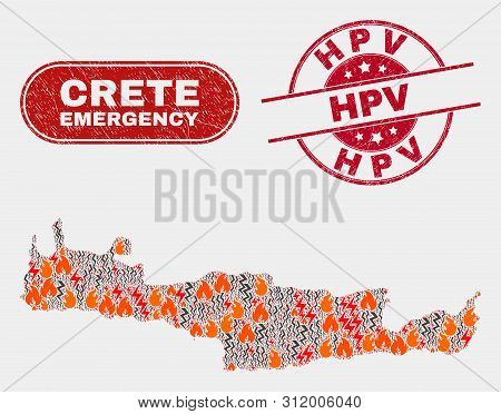 Vector Collage Of Wildfire Crete Map And Red Round Distress Hpv Stamp. Emergency Crete Map Mosaic Of