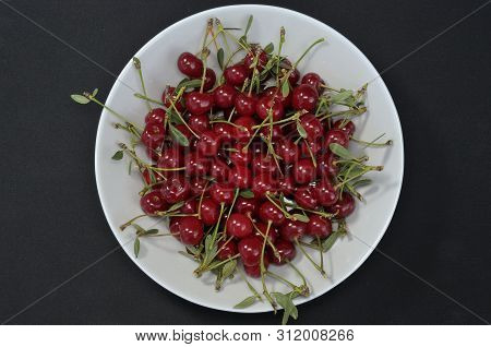 A Large Cream Dish Filled To The Top With Cherries And Petioles, Next To It There Are Green Leaves,