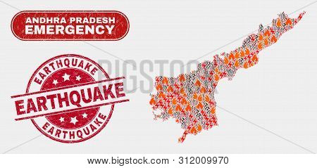 Vector Collage Of Firestorm Andhra Pradesh State Map And Red Rounded Scratched Earthquake Seal. Emer