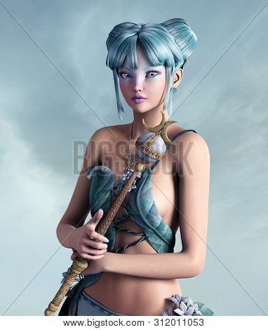 Beautiful Fairy Princess With Blue Hair And Holding A Scepter - 3d Illustration