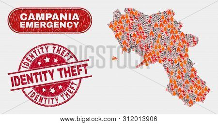 Vector Collage Of Firestorm Campania Region Map And Red Round Scratched Identity Theft Seal Stamp. E