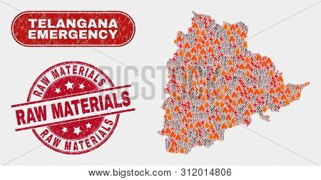 Vector Collage Of Wildfire Telangana State Map And Red Round Textured Raw Materials Seal Stamp. Emer