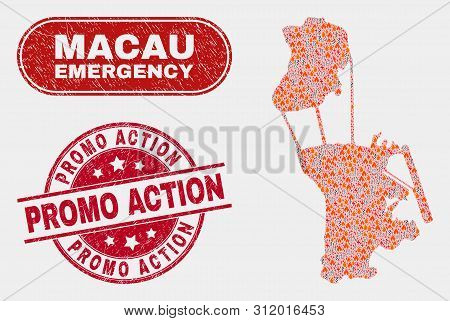 Vector Collage Of Firestorm Macau Map And Red Rounded Distress Promo Action Seal Stamp. Emergency Ma