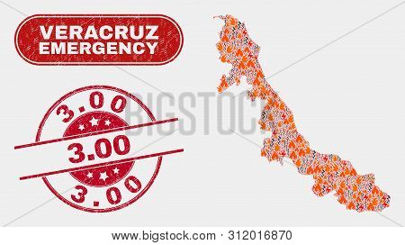 Vector Composition Of Danger Veracruz State Map And Red Round Scratched 3.00 Stamp. Emergency Veracr