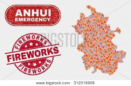 Vector Collage Of Wildfire Anhui Province Map And Red Round Textured Fireworks Stamp. Emergency Anhu
